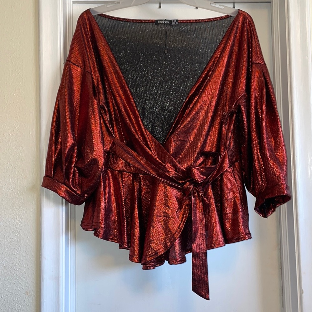 Red Shimmer Peplum Top